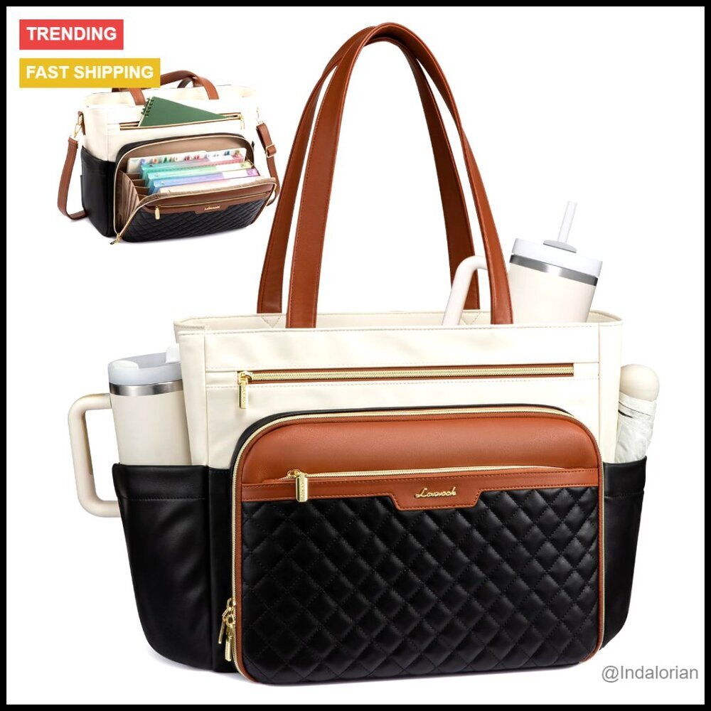 Quilted PU Leather Work Tote Briefcase Laptop Bag Professional Elegant Minimal